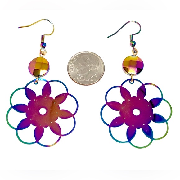 Rainbow Purple Gold Green Blue Stainless Steel Flower Mandala and Glass Earrings - Picture 3 of 3